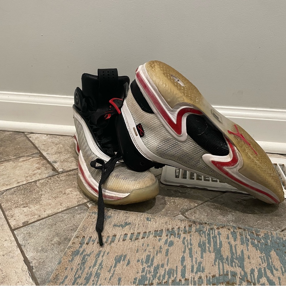 Air Jordans, men’s size 8, basketball shoes, white/black/red.